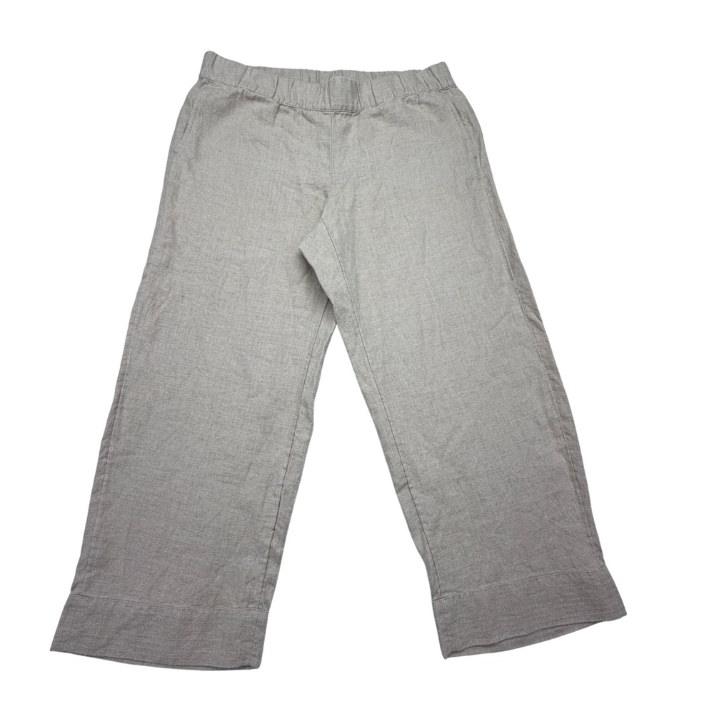 Pure Jill Linen Pants Womens Medium Beige Cropped Wide Leg Elastic Waist